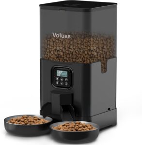 VOLUAS automatic cat feeder for two cats with dual stainless steel bowls and 6L capacity food storage