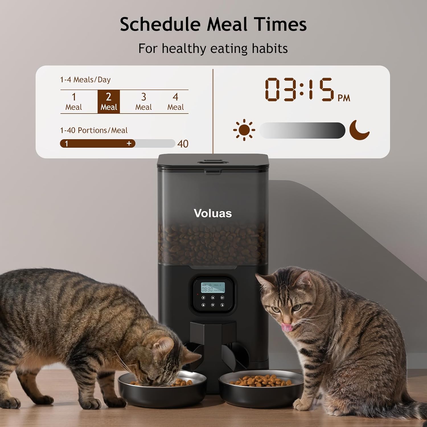 Two cats eating simultaneously from VOLUAS automatic feeder dual bowl system
