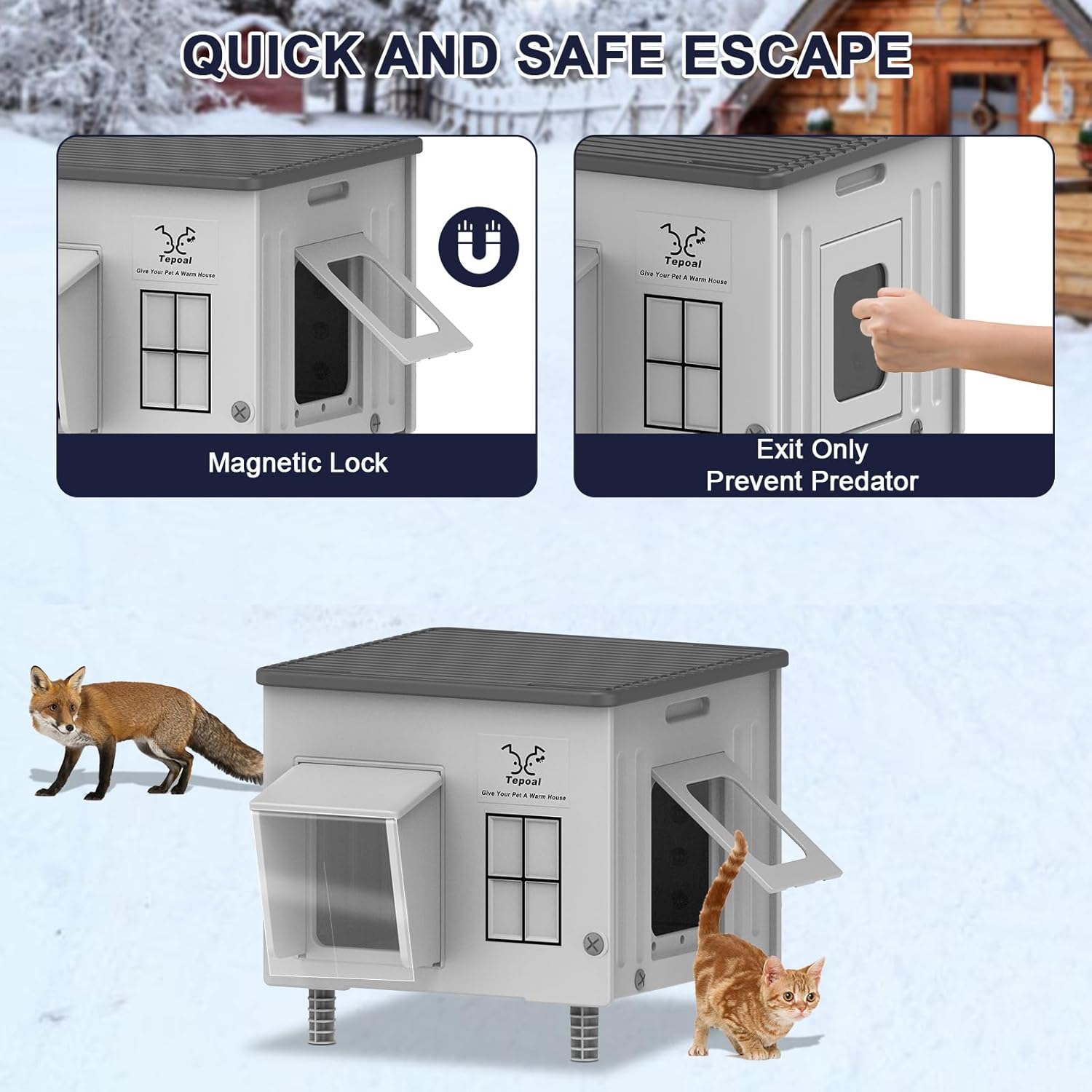Outdoor cat comfortably using Tepoal insulated cat house with heating for winter warmth and safety