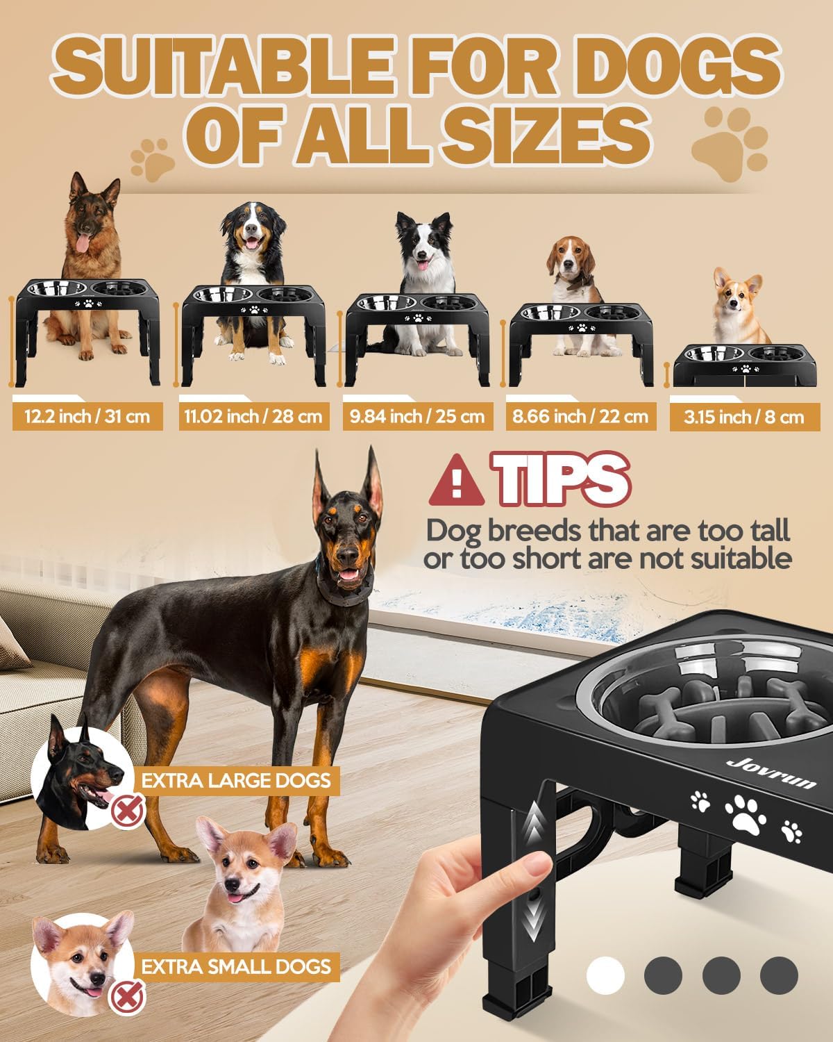 Jovrun dog bowl stand showing 5 different height adjustment positions from puppy to large dog size
