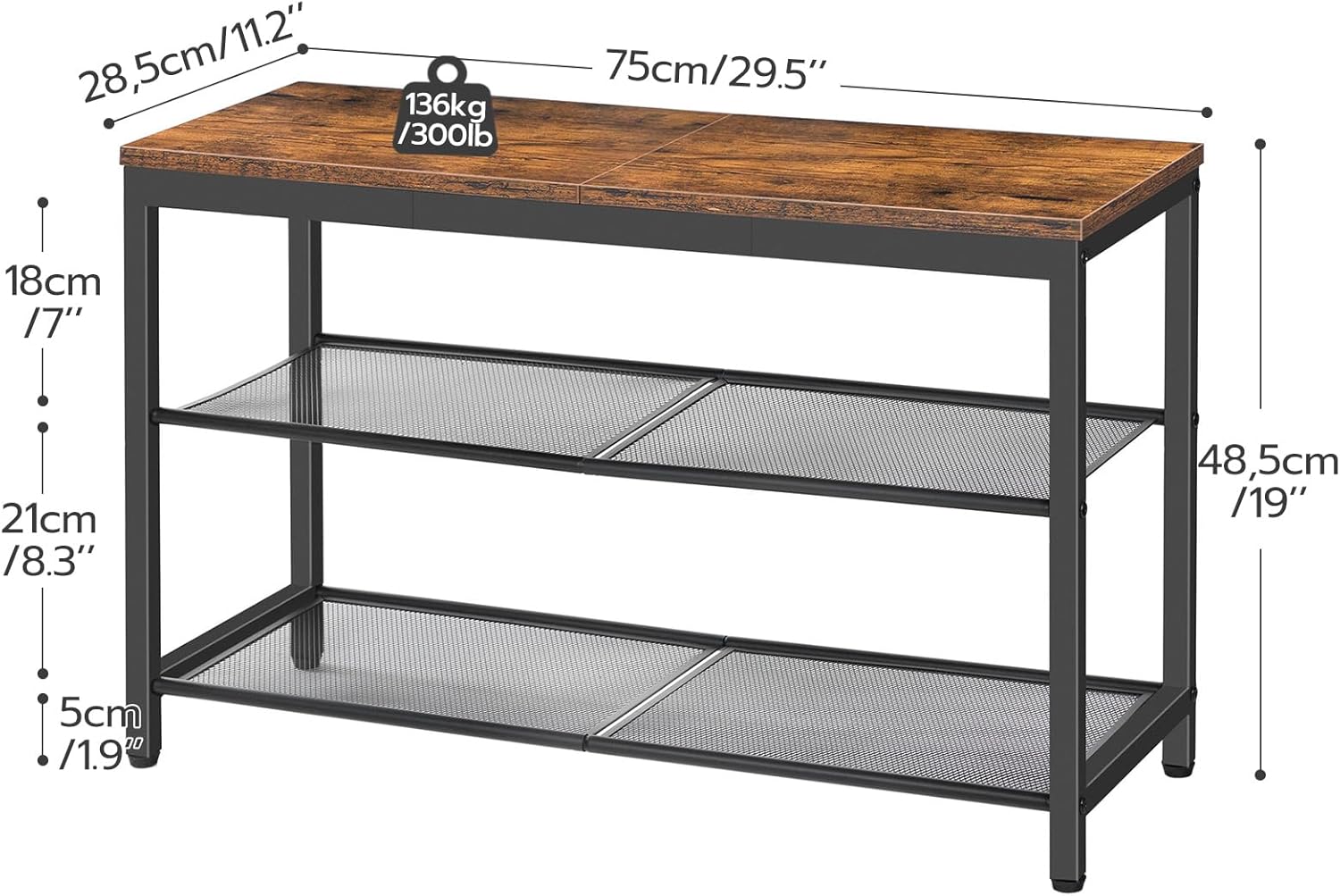 Adjustable mesh shelves of HOOBRO shoe storage bench showing flat and angled positions for different shoes