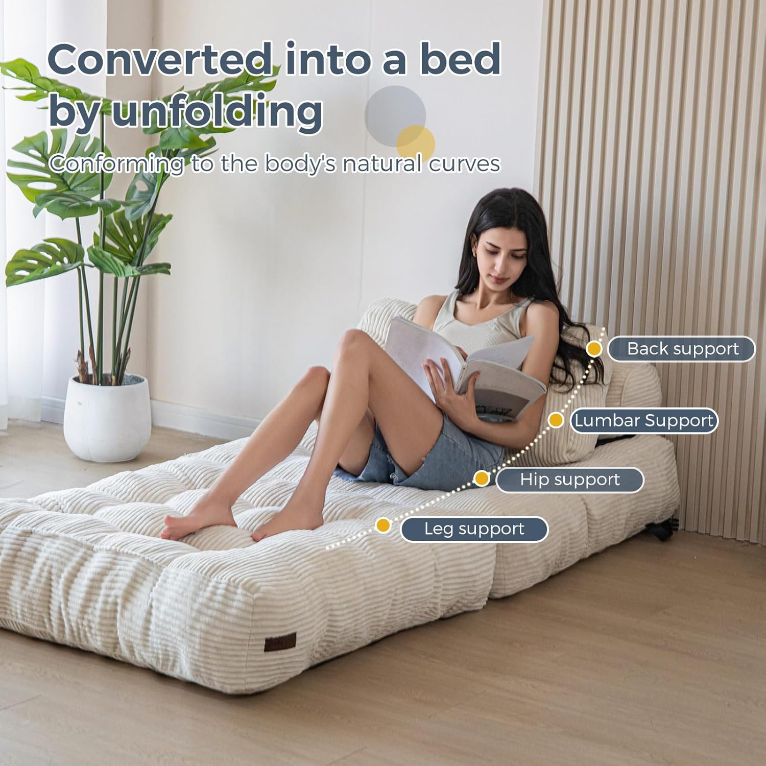 4-in-1 convertible floor sofa bed showing chair, recliner, lounger, and flat bed positions