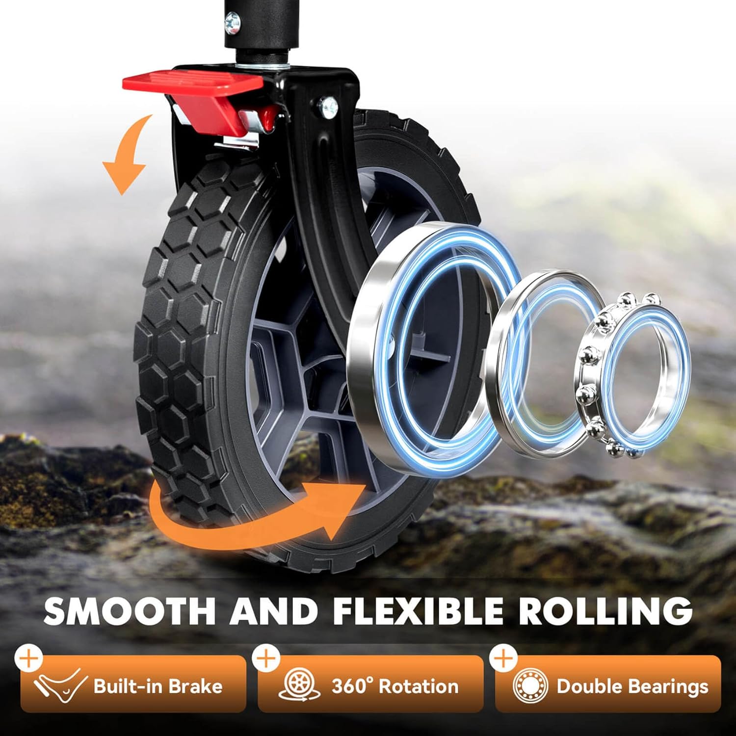 Collapsible garden cart with all-terrain wheels hauling gardening tools and supplies across lawn terrain