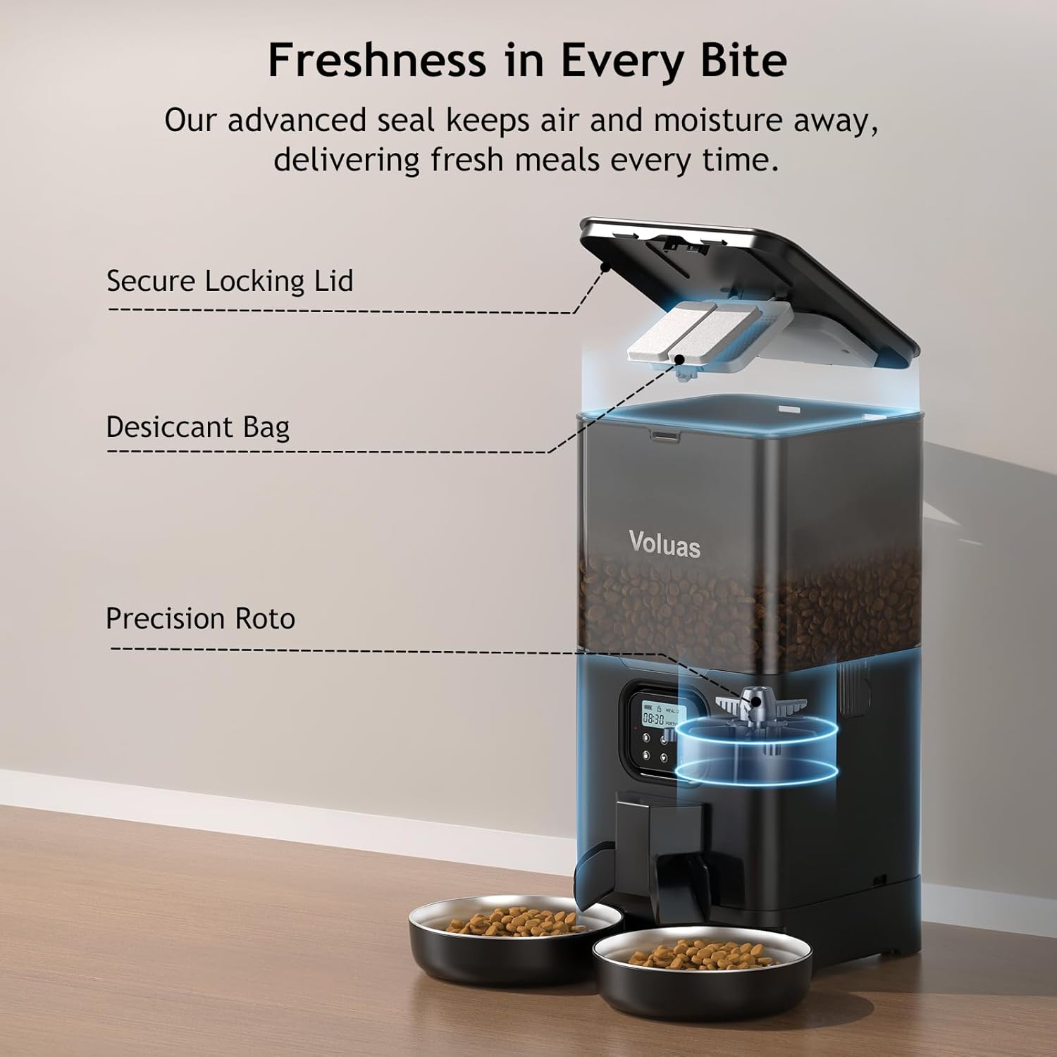 VOLUAS cat feeder programmable timer and portion control settings display panel