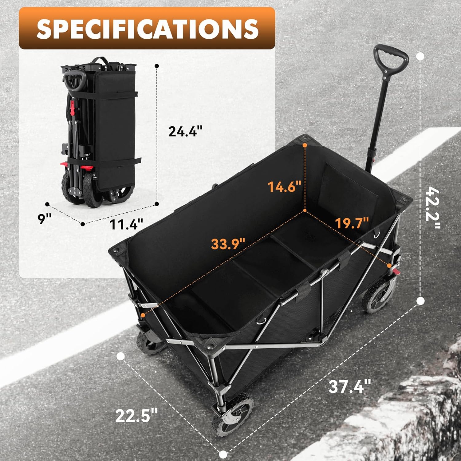 All-terrain 360-degree rotating wheels of heavy-duty utility wagon navigating sand, grass, and gravel