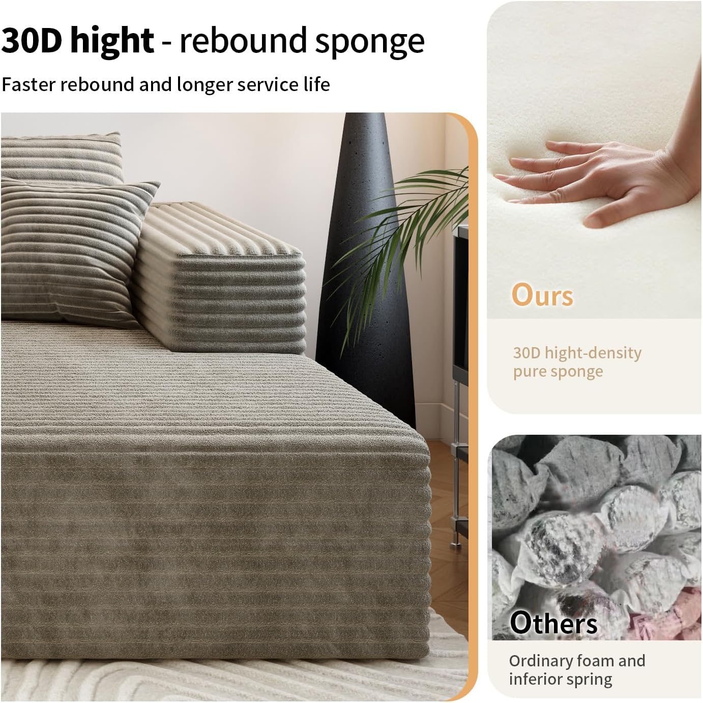 Plush corduroy fabric sectional couch with no assembly required