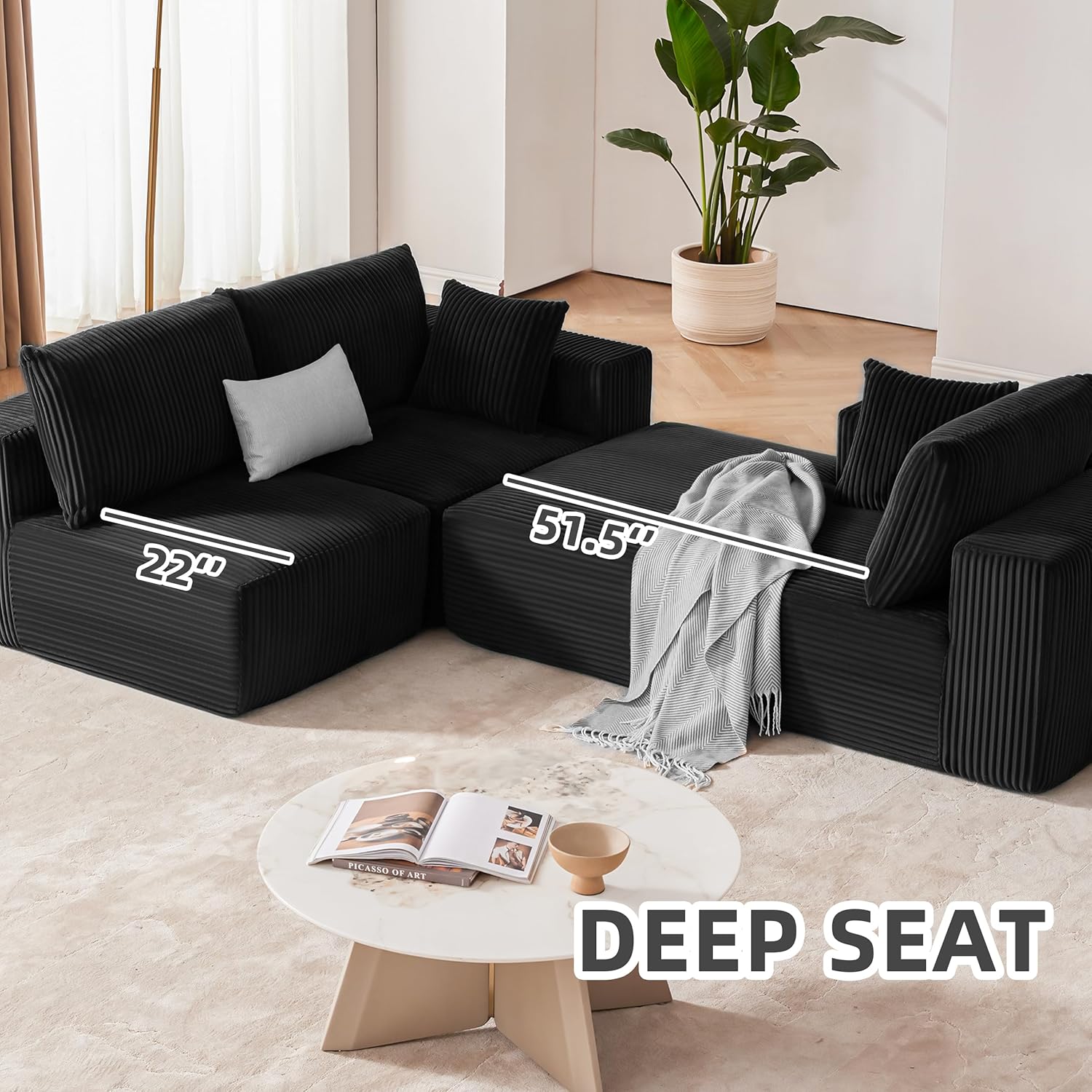 Close up view of cloud sectional extra deep seat cushioning showing plush comfort and support