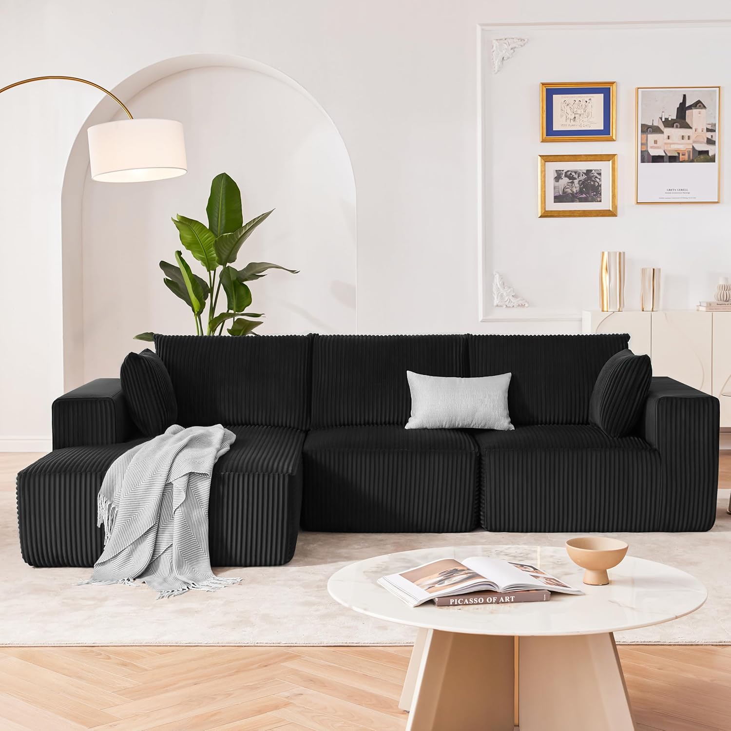 Modular sectional 3-piece L-shape configuration showing flexible arrangement options in living room