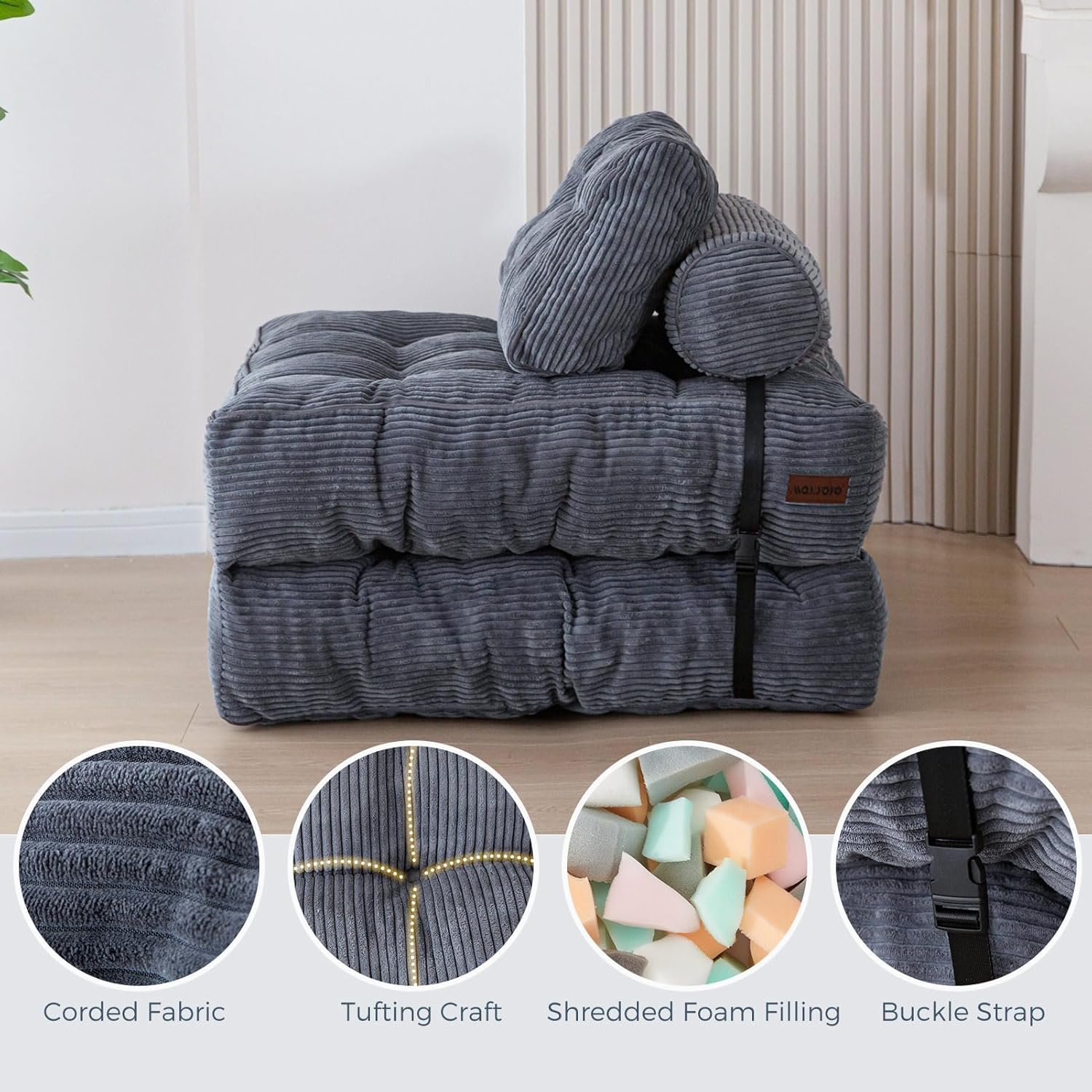 MAXYOYO folding sofa bed with removable headrest pillow and washable corduroy cover