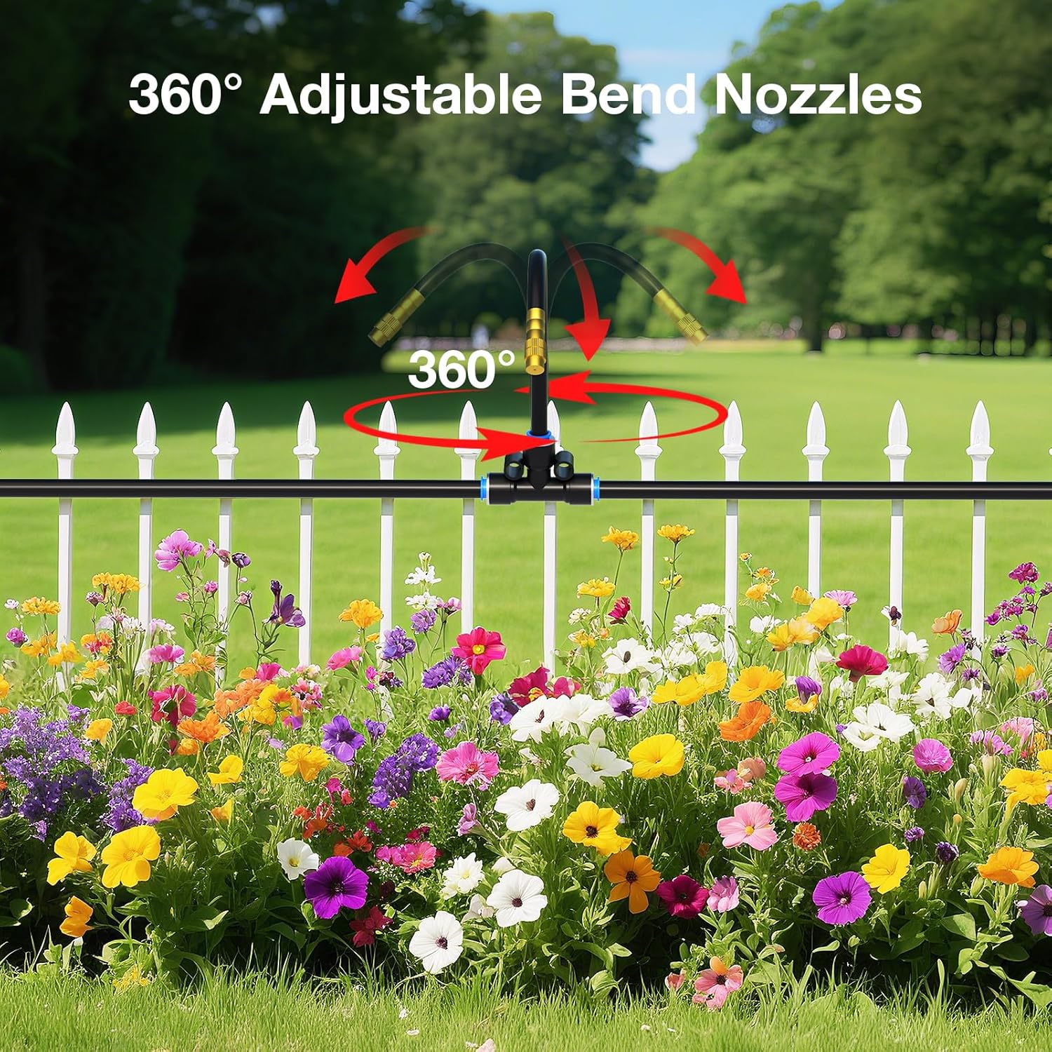 Automatic garden watering system installed in vegetable garden with drip irrigation tubing