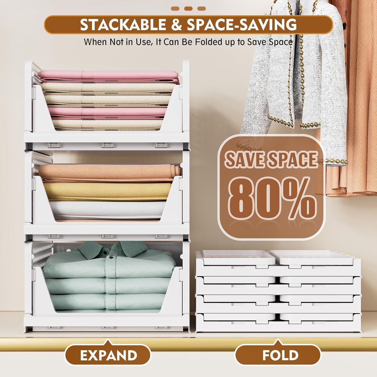 Stacked SNSLXH storage baskets in wardrobe
