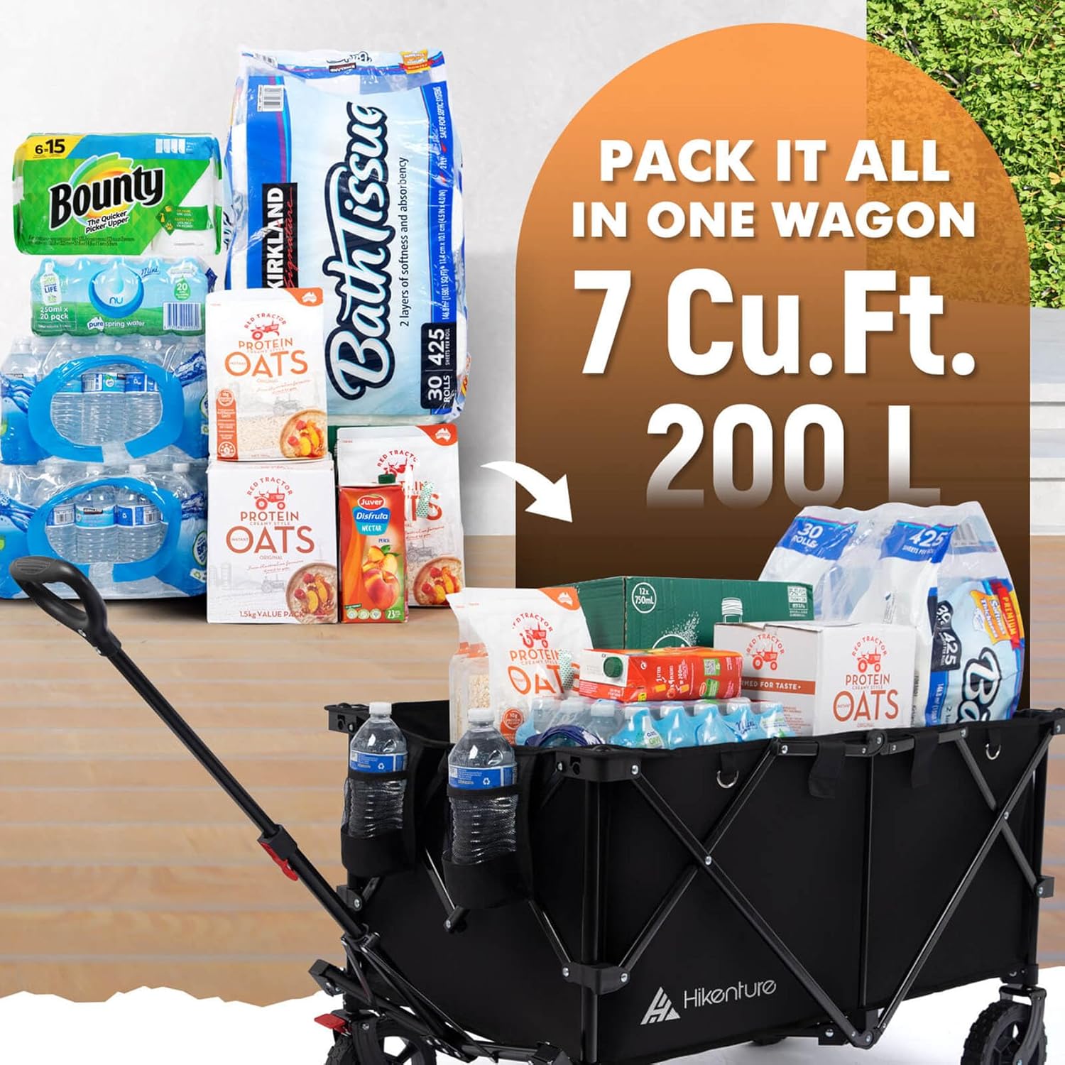 200L extra large storage interior of Hikenture folding cart showing 36.2 inch deep capacity for beach gear