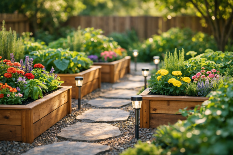 DIY garden landscaping ideas with raised wooden planter beds stone pathway and solar lights in a bright sunny backyard