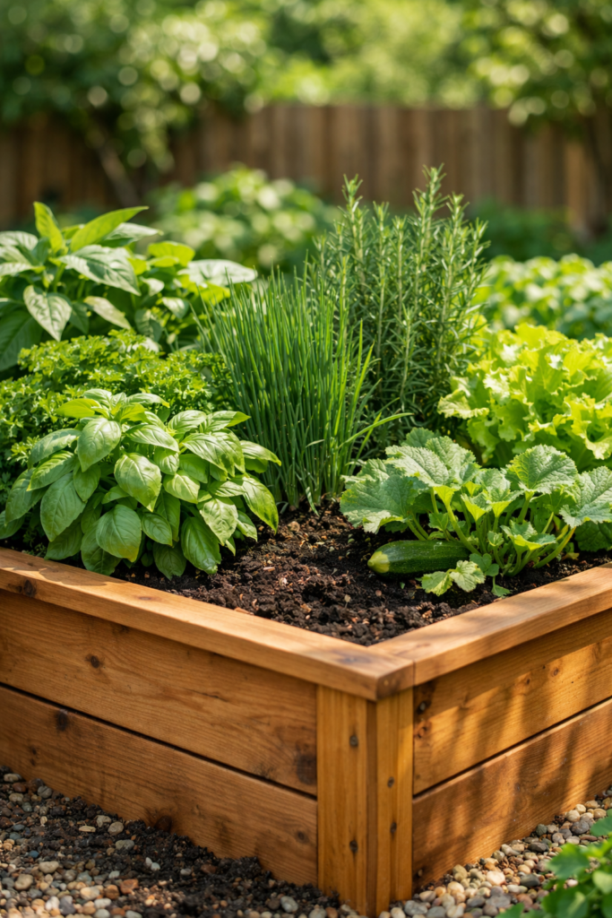 Wooden raised garden bed filled with green herbs
and vegetables in sunny backyard garden