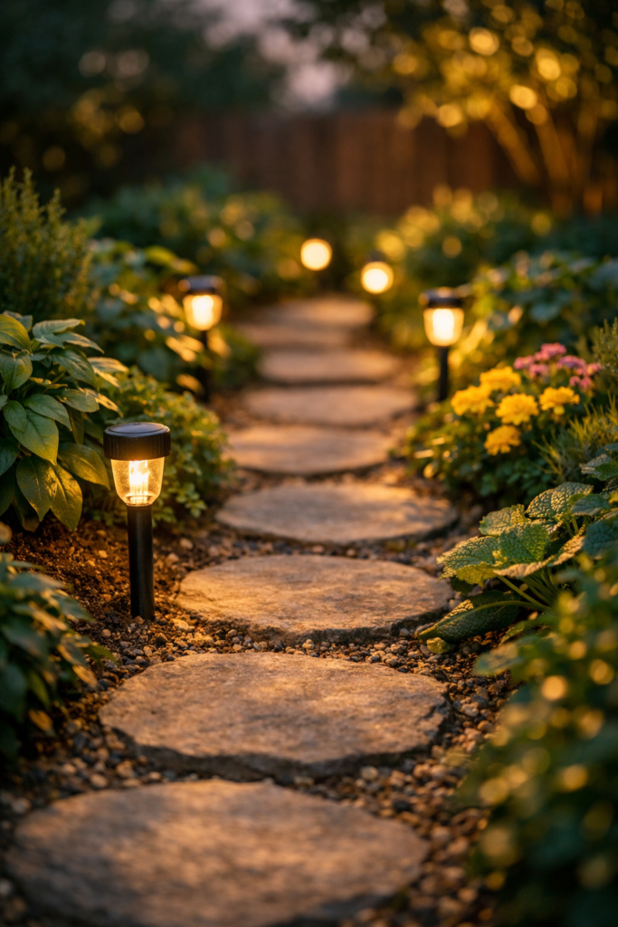 Solar stake lights glowing warm along garden
pathway at dusk surrounded by green plants and flowers