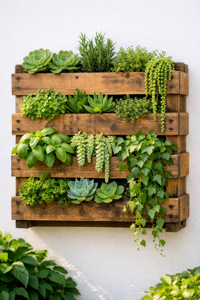 Wooden pallet vertical garden mounted on white
outdoor wall filled with succulents herbs
and trailing plants