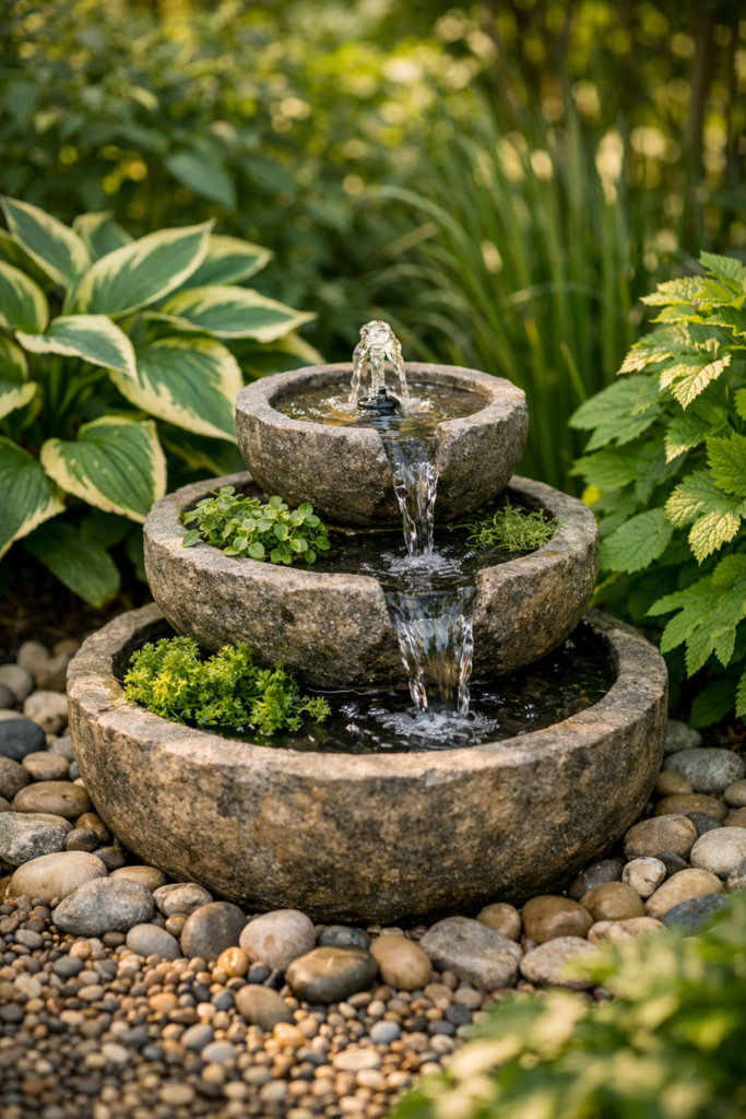 Small solar powered stone fountain in lush garden
corner with flowing water surrounded by green plants
and smooth pebbles