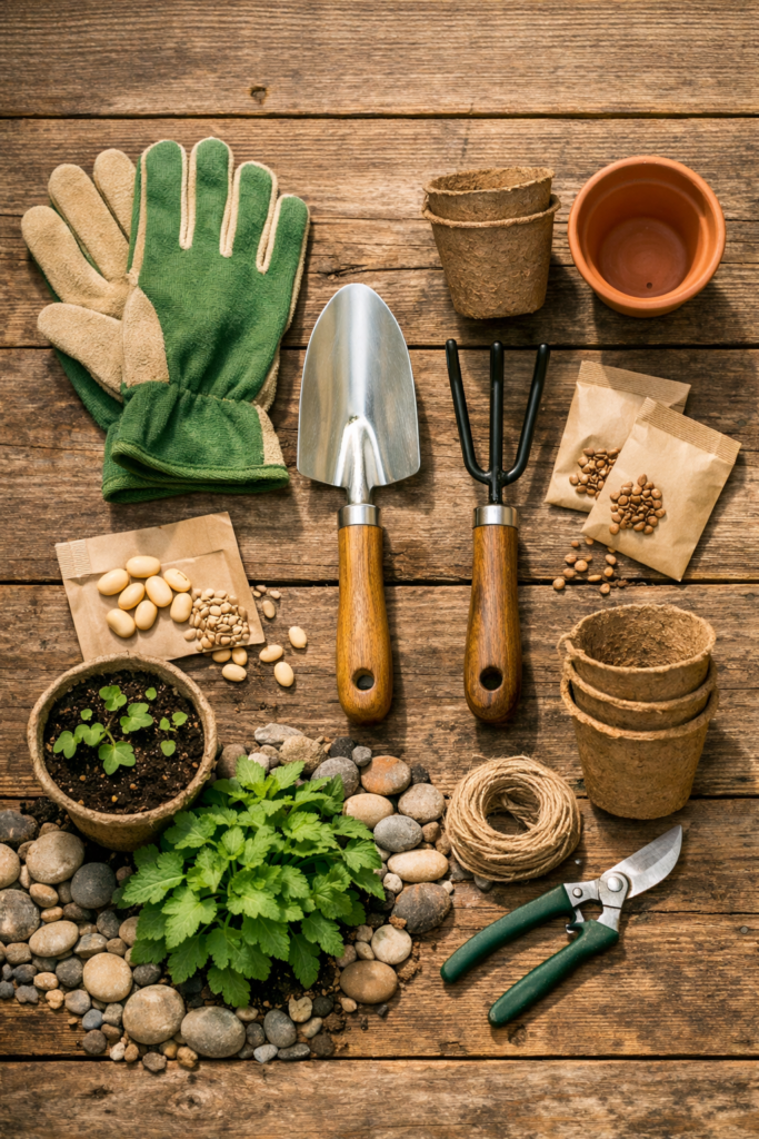 Garden tools flat lay including trowel gloves seeds
and small pots arranged on rustic wood surface